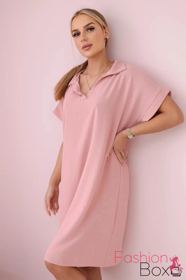 Plus size rövid ujjú A vonalú V-nyakú púder színű galléros lenge ruha / tunika