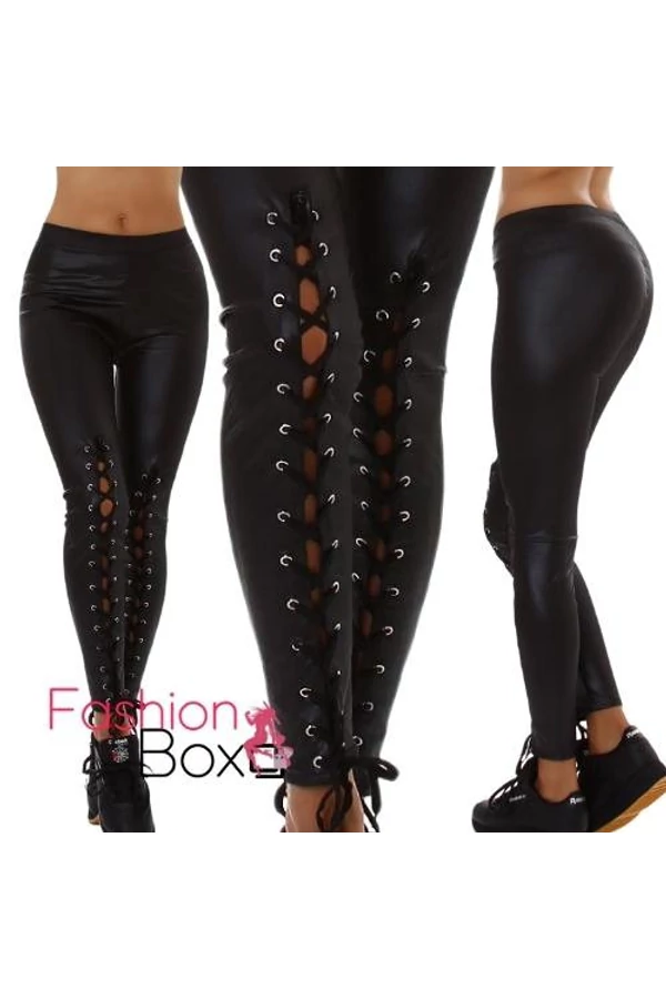 Extravagáns fűzős fekete műbőr leggings/ cicanadrág (LM30066)