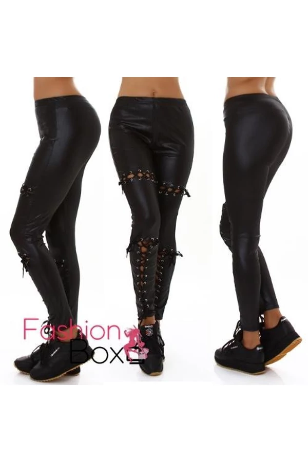 Extravagáns fűzős fekete műbőr leggings/ cicanadrág (LM30068)