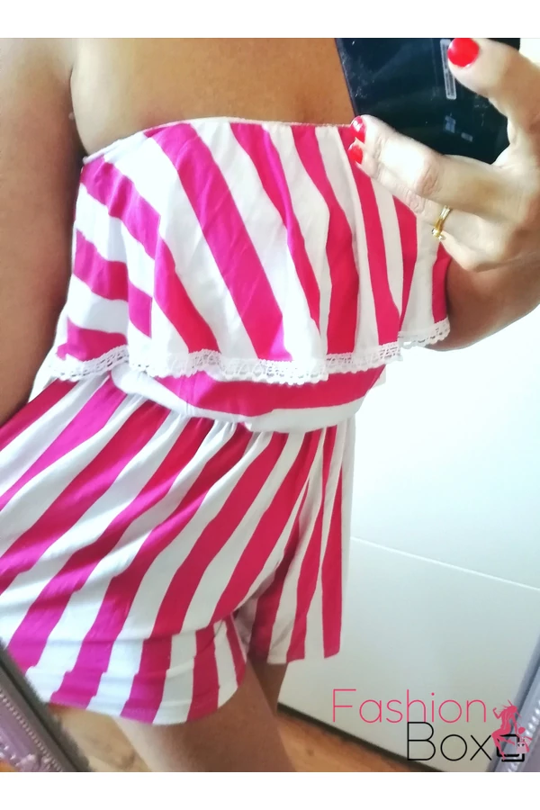 Pink csíkos fodros lenge short overál / rövid nadrág (NN23) 