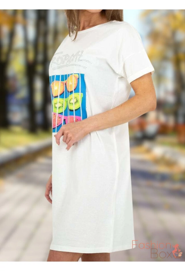 Rövid ujjú basic mintás fehér pólóruha /tunika