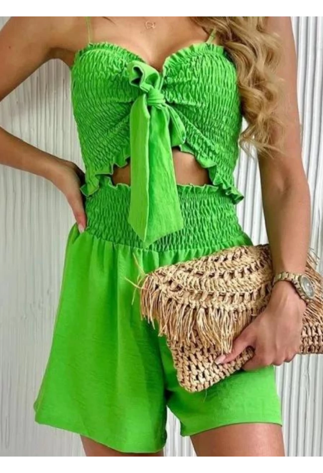 Zöld gumírozott variálható lenge vállpántos szett crop top+ short