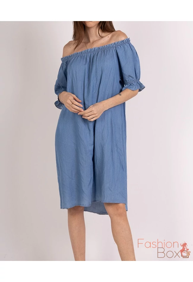 Plus size ejtett vállú ujján fodros lenge (kismama) farmer ruha