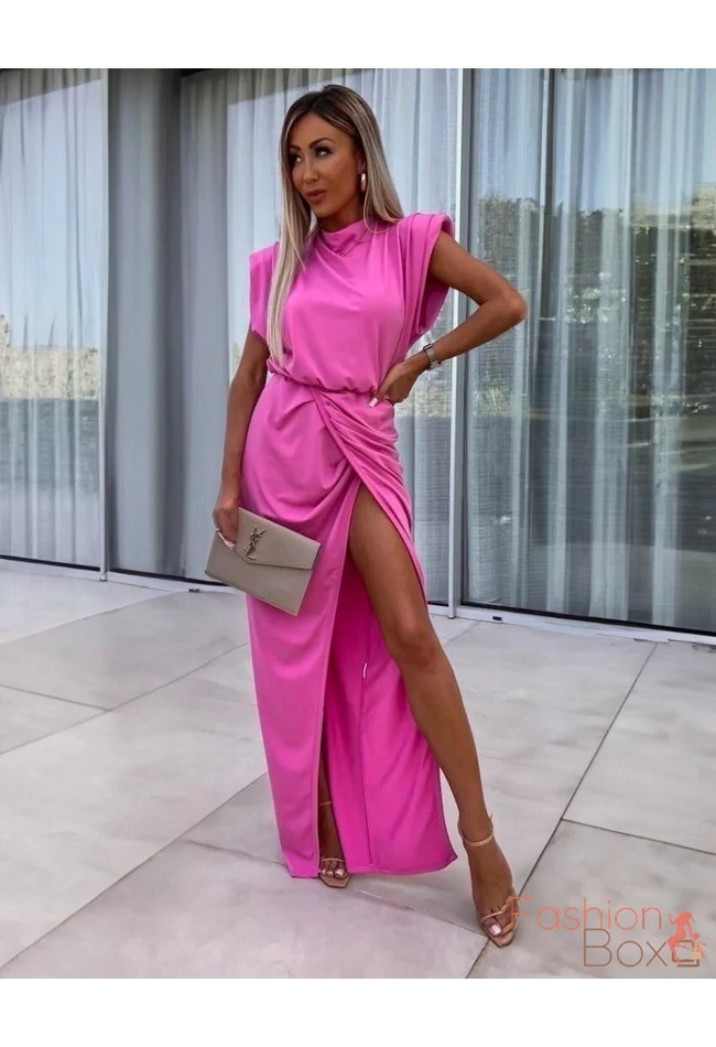 Exkluzív lezser vállú sliccelt pink maxi ruha