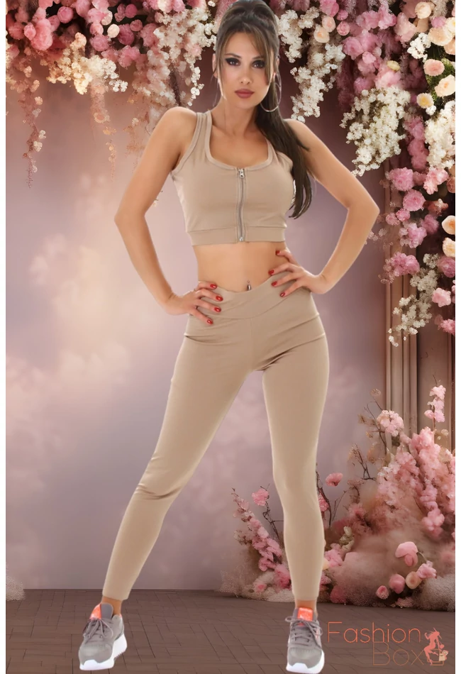 2 részes cappuccino színű fitness együttes Top + leggings / cicanadrág
